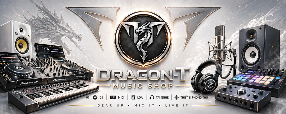 Banner gốc Dragon T Music Shop với thiết bị DJ, MIDI, loa, tai nghe và thiết bị phòng thu
